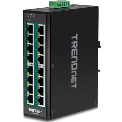 TRENDnet TI-PG160 16-Port Ethernet Switch, 16 Gigabit PoE+ ports, 32 Gbps switching capacity, DIN-rail/wall mount, IP30